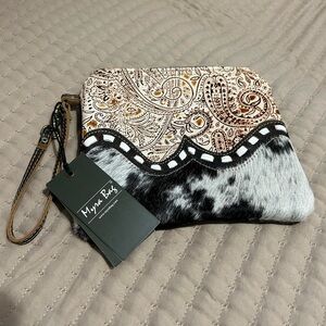 Myra Bag Brown Paisley and Cowhide Wristlet